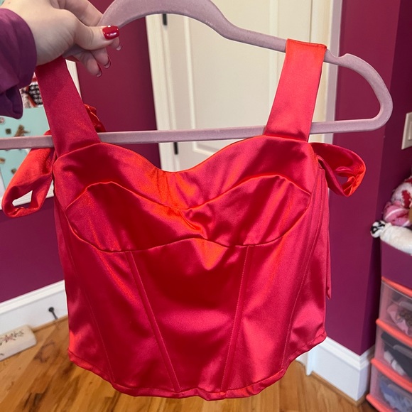 Red Satin Shoulder Tie Corset Top - Picture 3 of 6